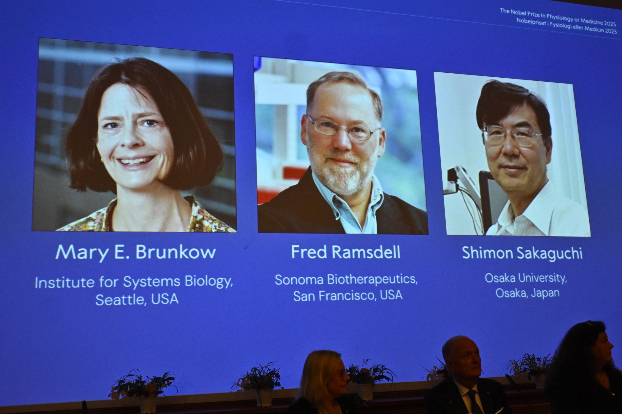 The portraits of Mary E Brunkow, Fred Ramsdell and Shimon Sakaguchi are displayed during a press conference