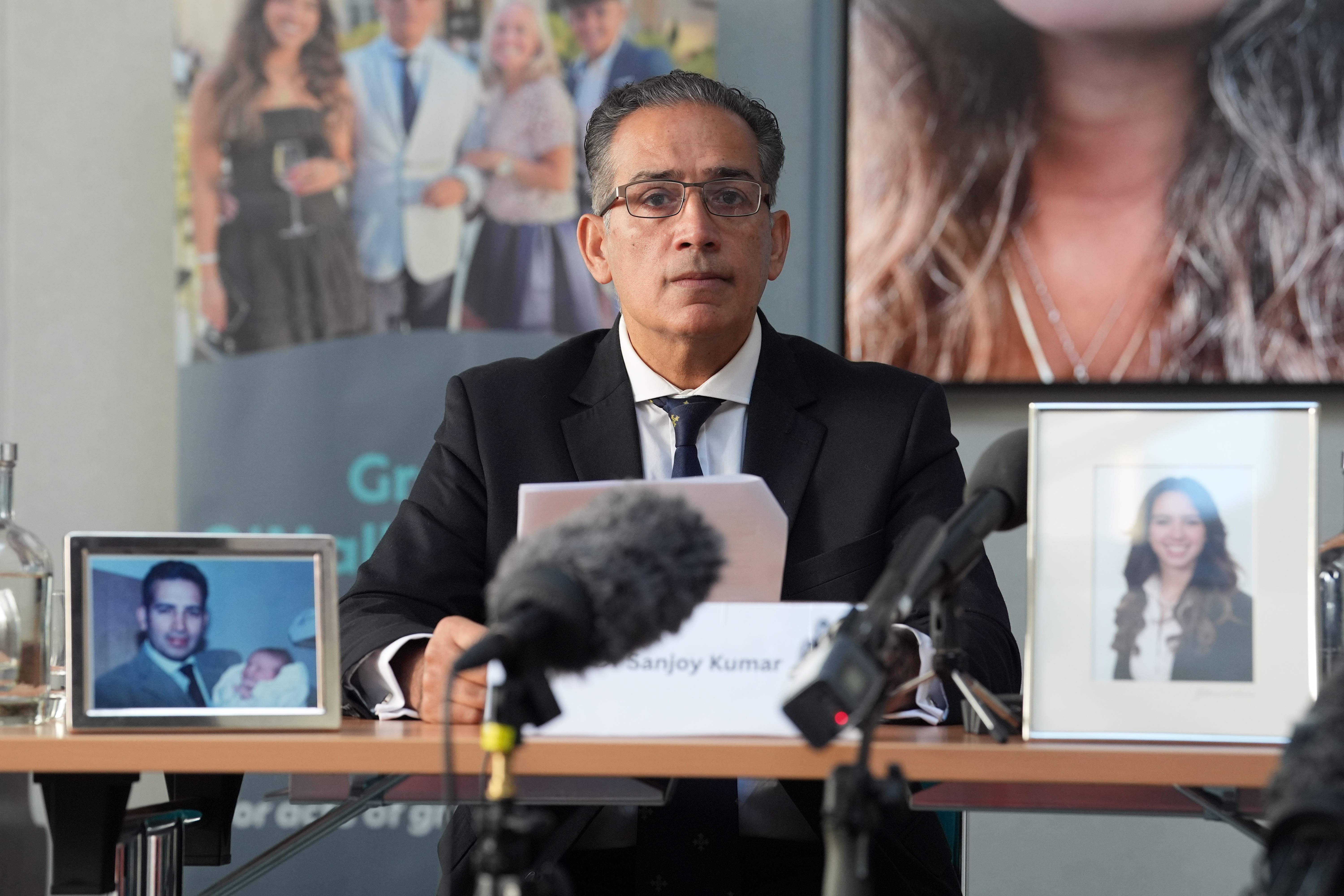 Dr Sanjoy Kumar, the father of murdered student Grace O’Malley Kumar, speaking during a press conference in central London, after she was posthumously awarded the George Medal for bravery (Lucy North / PA).