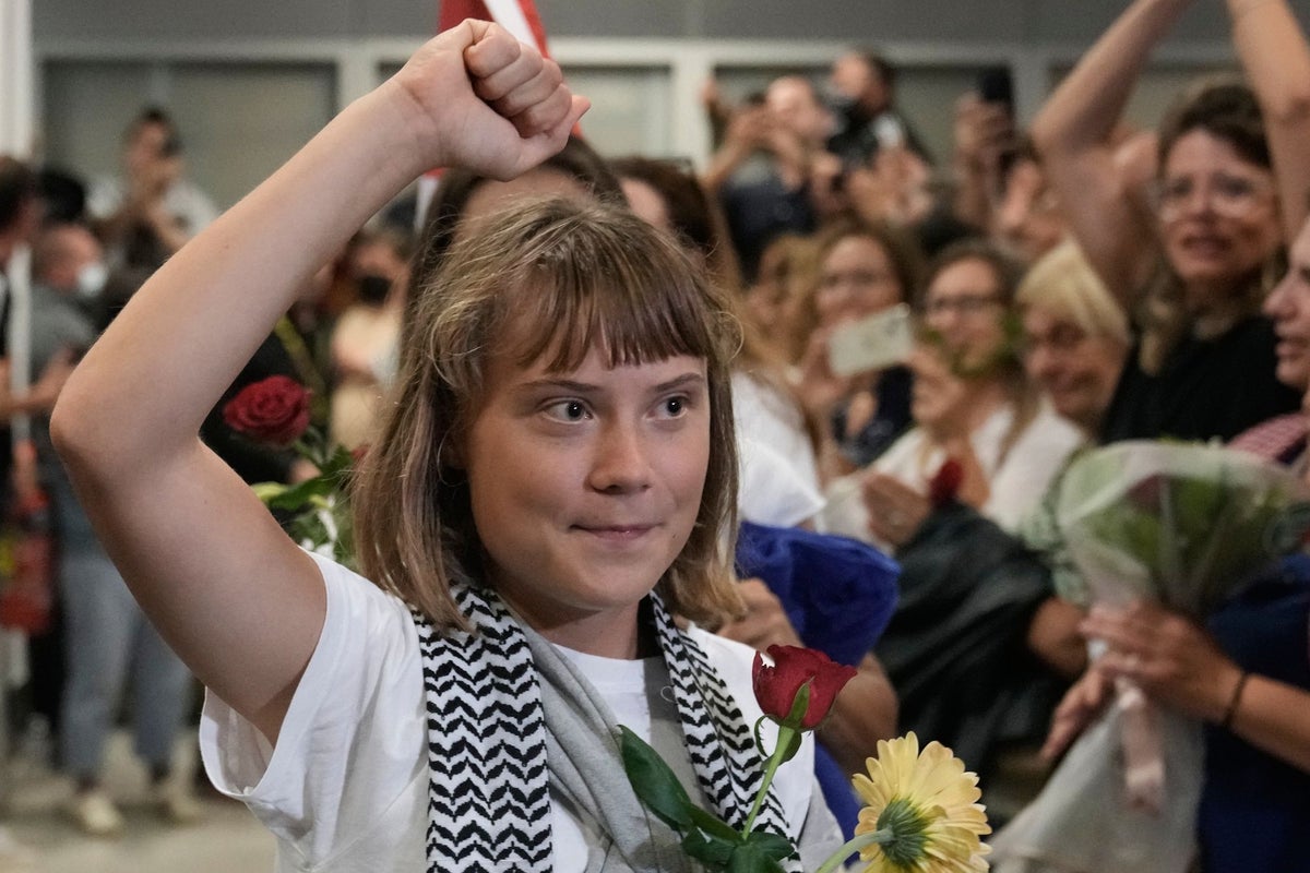 Greta Thunberg cheered by crowd in Athens after Israel expels flotilla activists