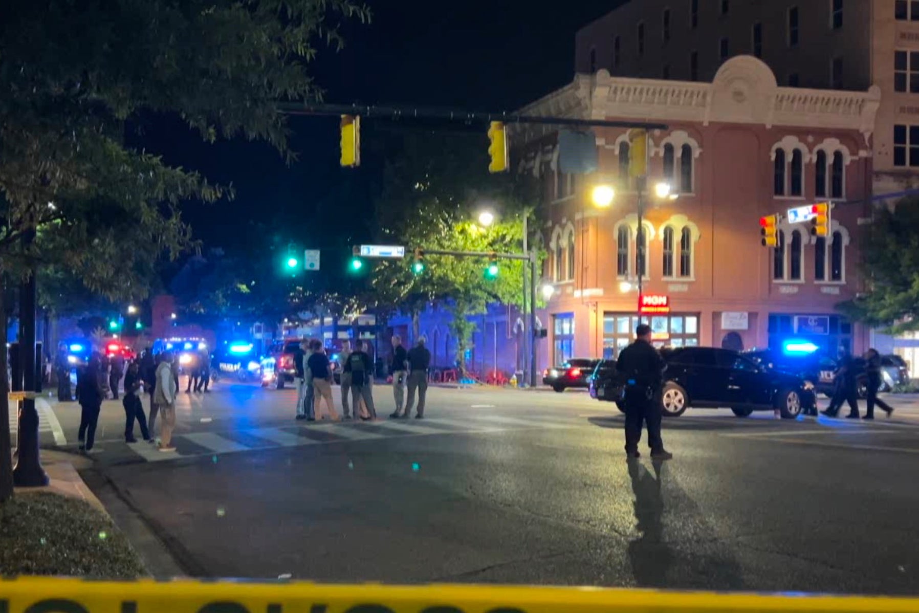 <p>This image taken from video provided by WSFA shows the scene after a shooting earlier Saturday in downtown Montgomery, Ala., Sunday, Oct. 5</p>