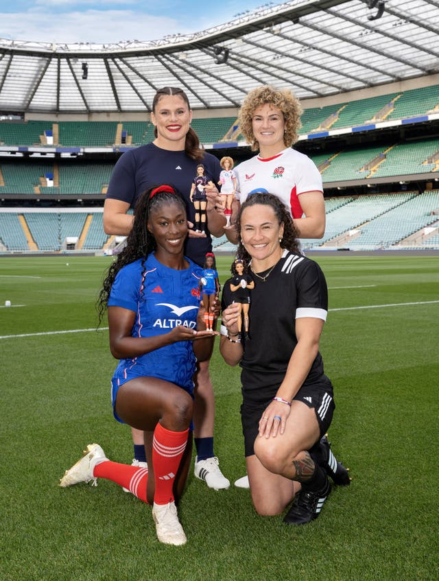 <p>England's Ellie Kildunne, France's Nassira Konde, New Zealand's Portia Woodman and USA's Ilona Maher with their new Barbie dolls</p>