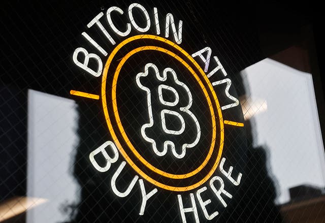 <p>A sign advertises a Bitcoin ATM at a gas station on 16 July, 2025 near Pasadena, California</p>