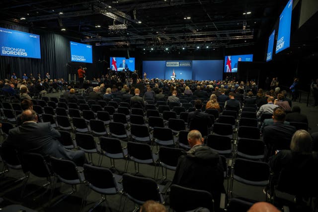 <p>Mel Stride speaks on the second day of the Conservative Party Conference in Manchester on Monday</p>