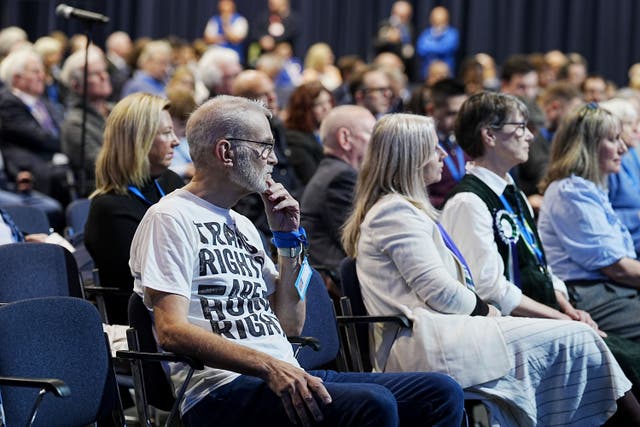 Andrew Boff wears a T-shirt that reads ‘Trans Rights Are Human Rights’, after he heckled a session at Conservative Party conference on gender identity (Peter Byrne/PA)