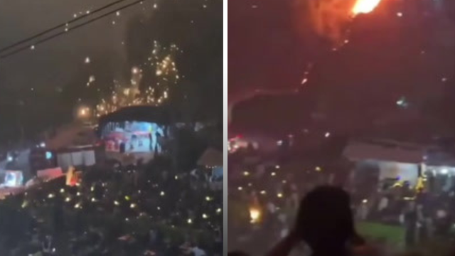 <p>Flaming drones rain fire on spectators after malfunction during fireworks display</p>