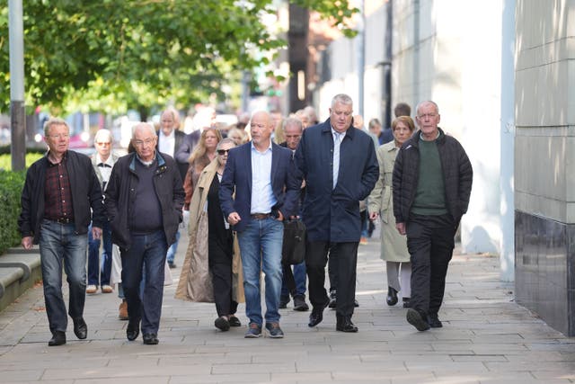 Family members of those killed on Bloody Sunday arrive at Belfast Crown Court, where the trial of a former paratrooper accused of the murder of two men on Bloody Sunday is taking place. Soldier F, who cannot be identified, is accused of murdering James Wray and William McKinney when members of the Parachute Regiment shot dead 13 civil rights protesters on the streets of Londonderry on January 30 1972. Picture date: Wednesday September 24, 2025.