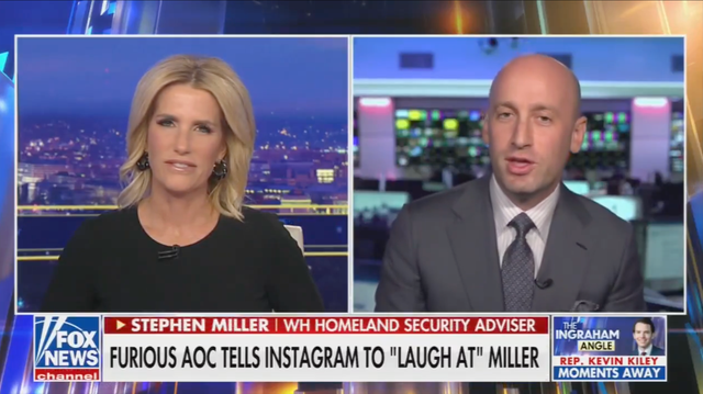 <p>Laura Ingraham questions Stephen Miller about Alexandria Ocasio-Cortez's mockery of him on Fox's The Ingraham Angle on Monday October 6 2025</p>