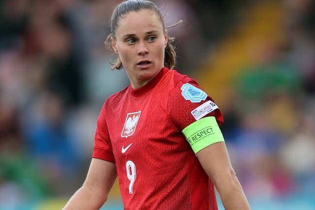 Poland striker Ewa Pajor claimed two of Barcelona’s seven goals (Liam McBurney/PA)