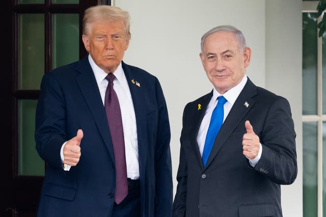 <p>US president Donald Trump greets Israeli prime minister Benjamin Netanyahu as he arrives at the West Wing of the White House in Washington</p>