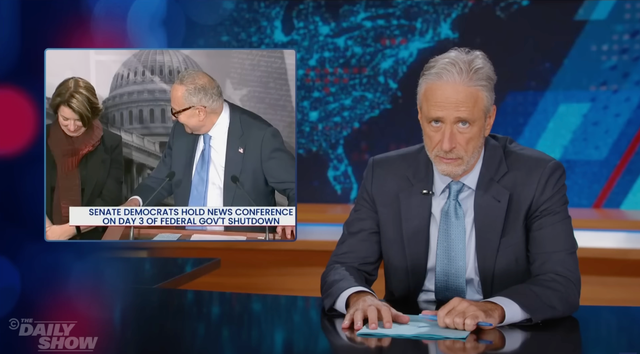 <p>Jon Stewart rolls his eyes at Chuck Schumer on The Daily Show on Monday October 6 2025</p>