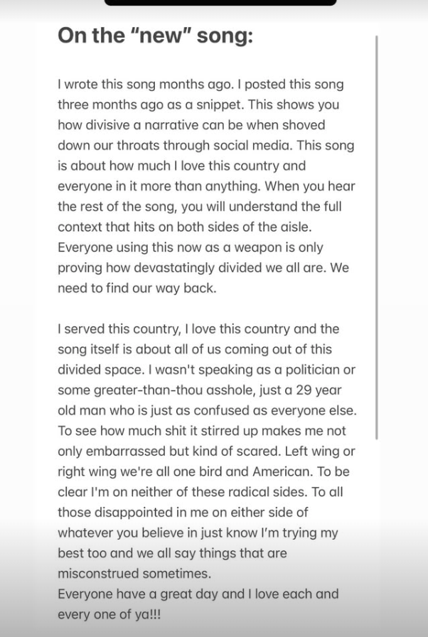 Zach Bryan shared a statement about the controversy on Instagram
