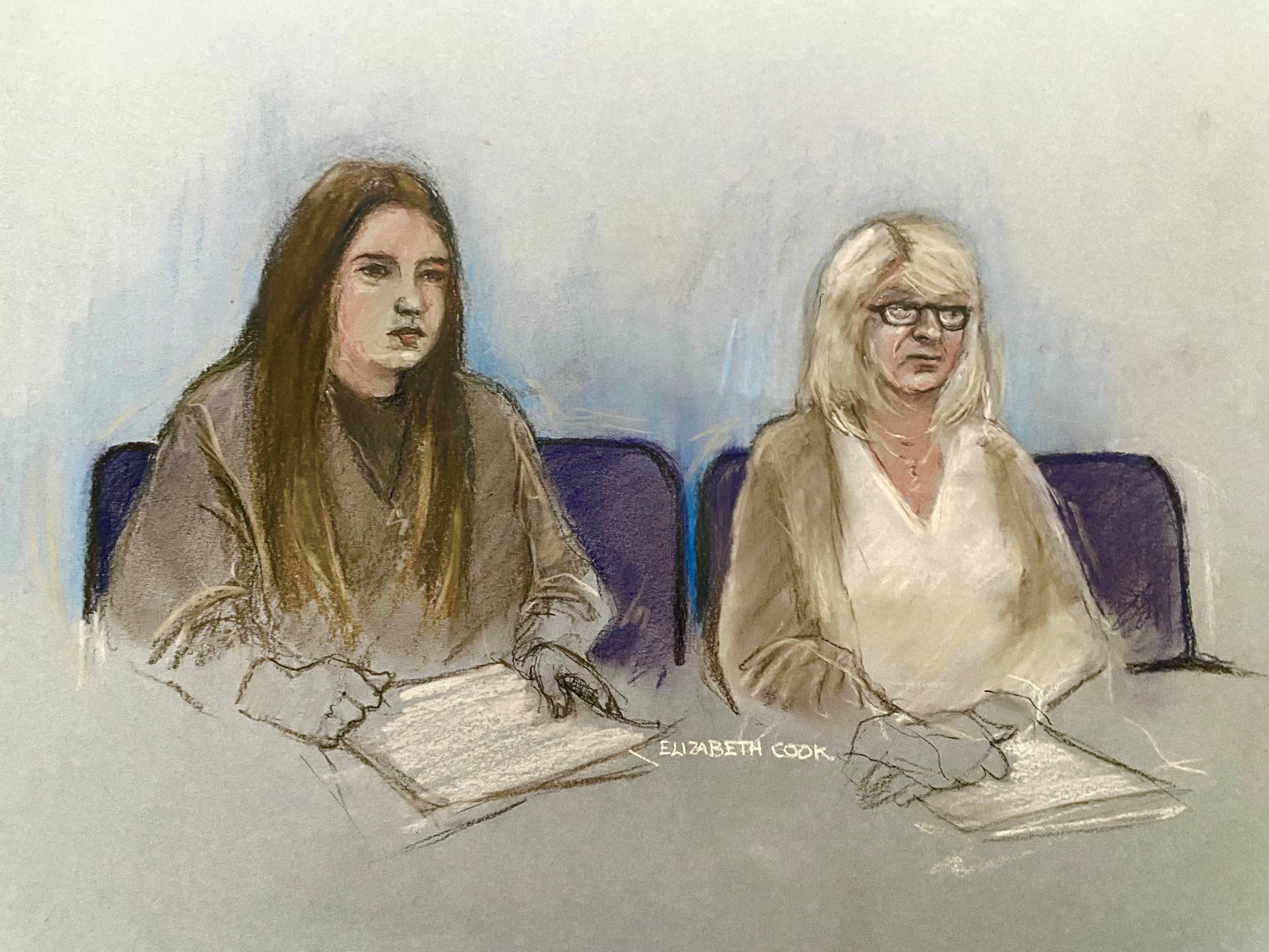 <p>An artist’s impression of Julia Wandelt (left) and Karen Spragg at Leicester Crown Court</p>
