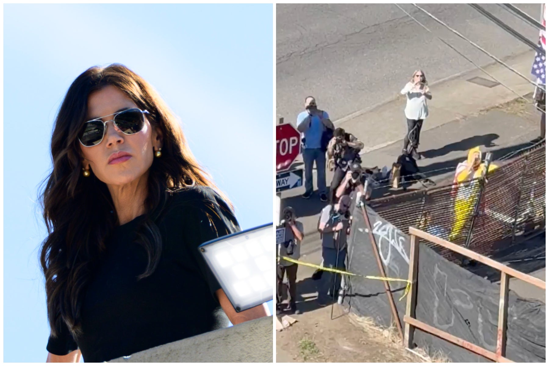 <p>Secretary of Homeland Security Kristi Noem (left) visited Portland Tuesday where protests have broken out over federal law enforcement swamping the city</p>