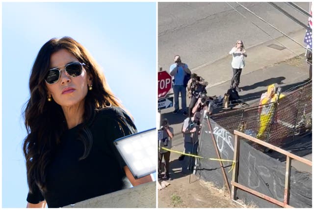 <p>Secretary of Homeland Security Kristi Noem (left) visited Portland Tuesday where protests have broken out over federal law enforcement swamping the city</p>