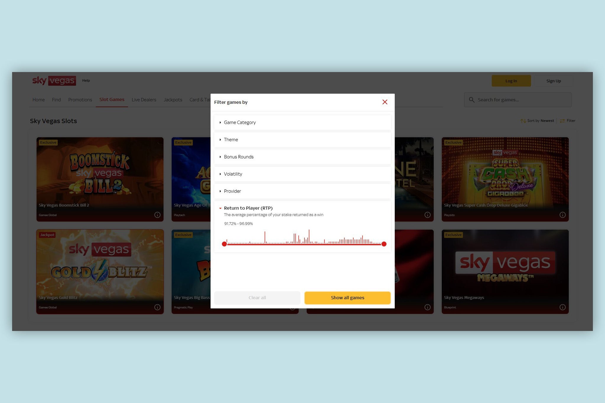 The filters on Sky Vegas make it easy to find higher RTP games