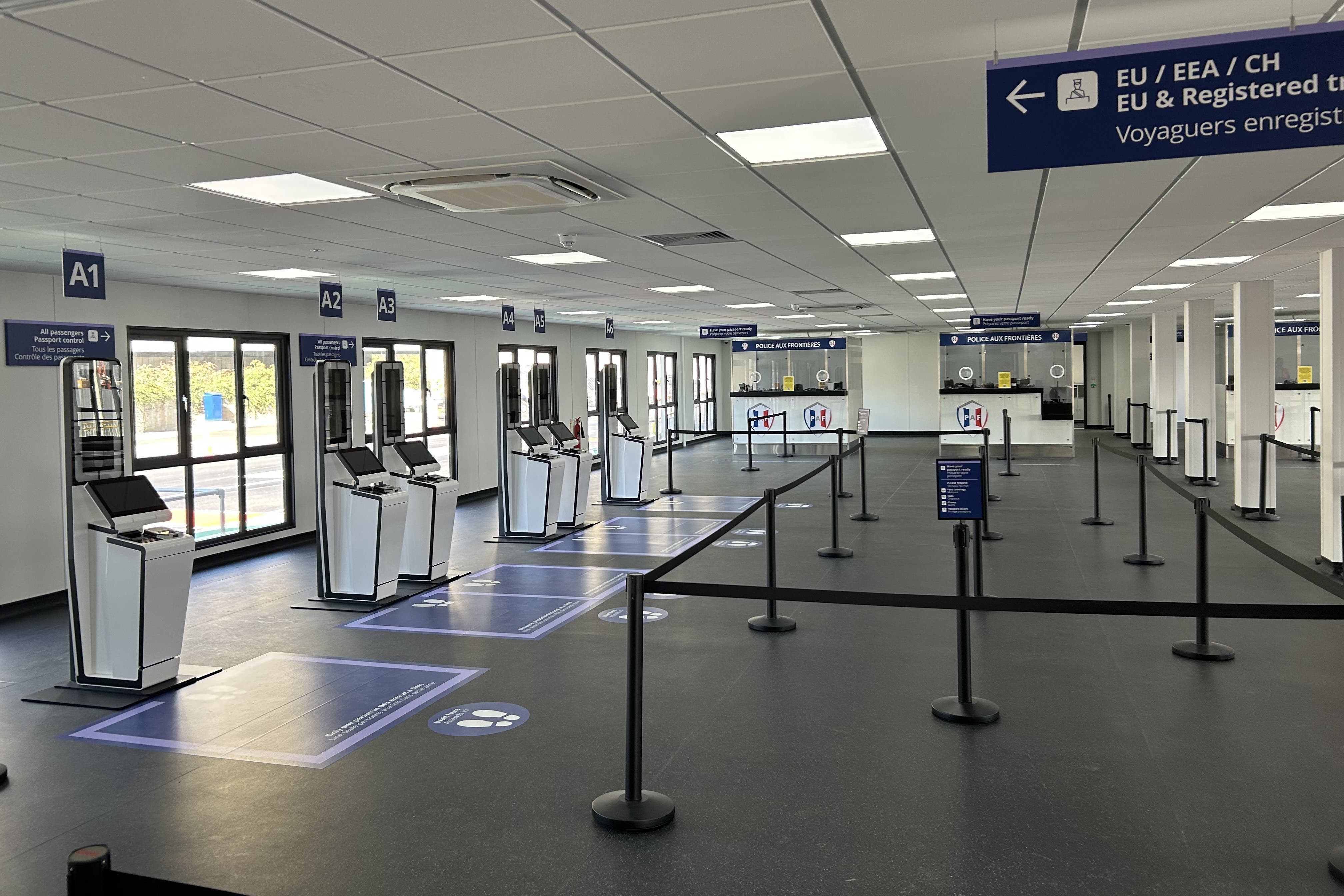 The new entry and exit system for coach travellers, during a preview of the newly developed Entry Exit System (EES) zone at the Western Docks in the Port of Dover, Kent