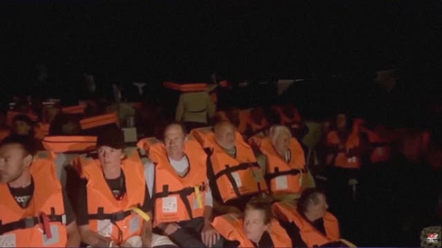 <p>Crew of "Conscience", a Gaza-bound vessel which is part of the Global Sumud Flotilla, sit aboard the boat as they are intercepted by Israeli security forces</p>