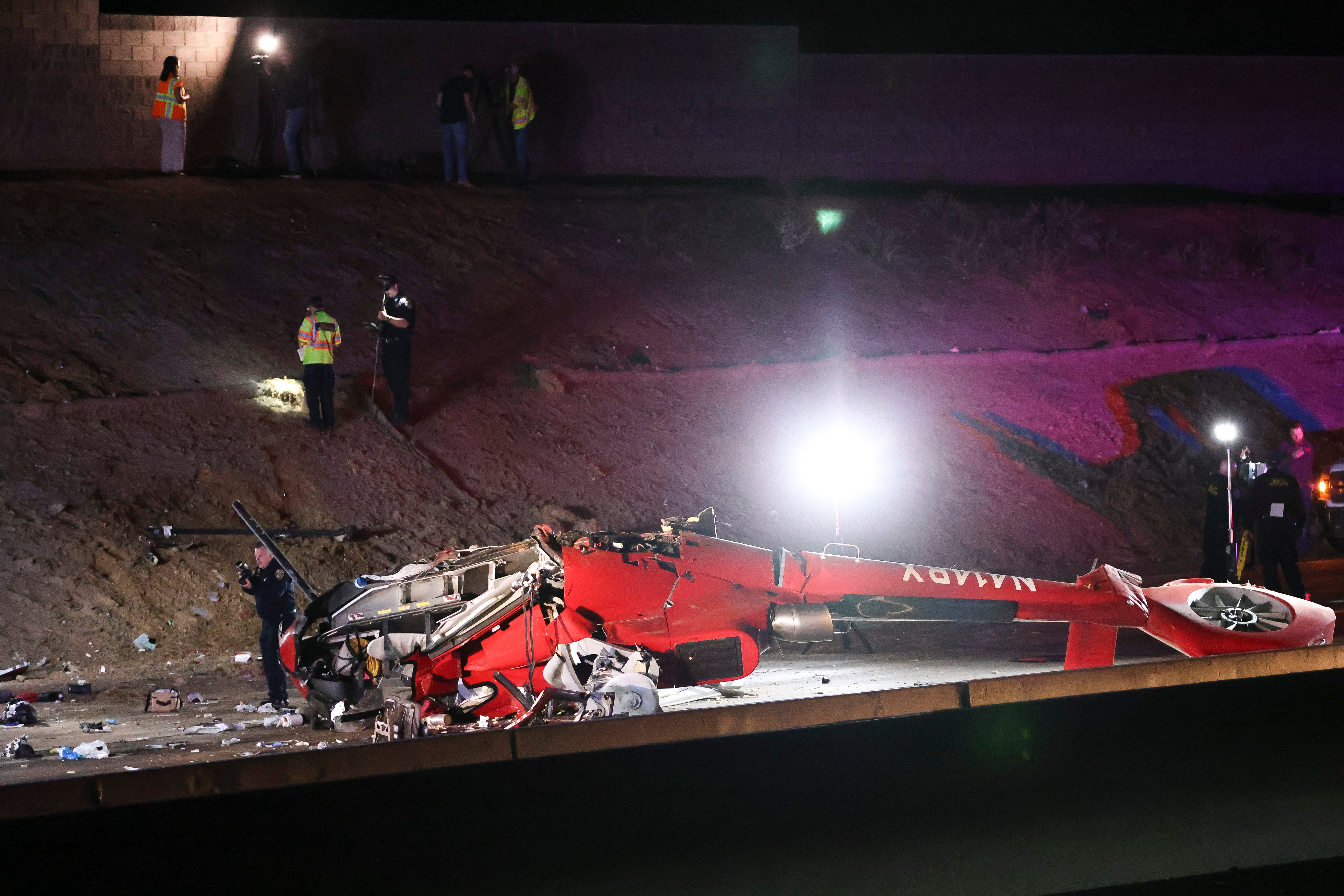 <p>A medical helicopter is shown after it crashed on Highway 50 in Sacramento, California</p>