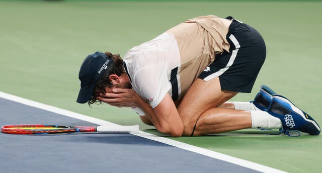<p>Valentin Vacherot celebrates after his  match against Holger Rune </p>