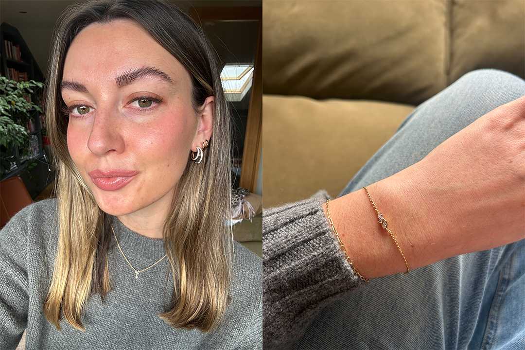  the pave double hoops, with the matching crystal cluster bracelet and necklace