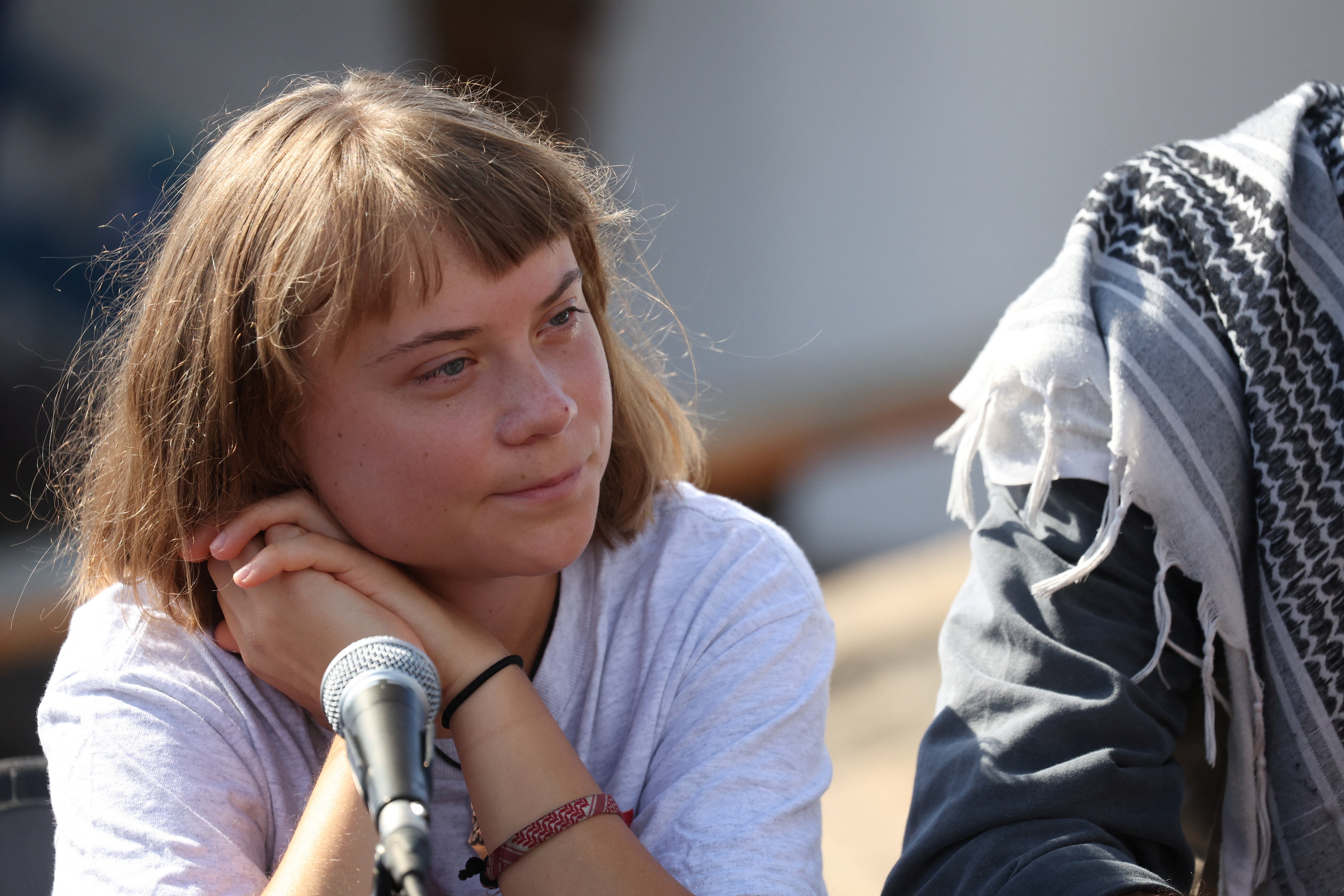 <p>The Swedish activist Greta Thunberg speaks at a press conference, before taking part in the Global Sumud Flotilla, 31 August 2025</p>