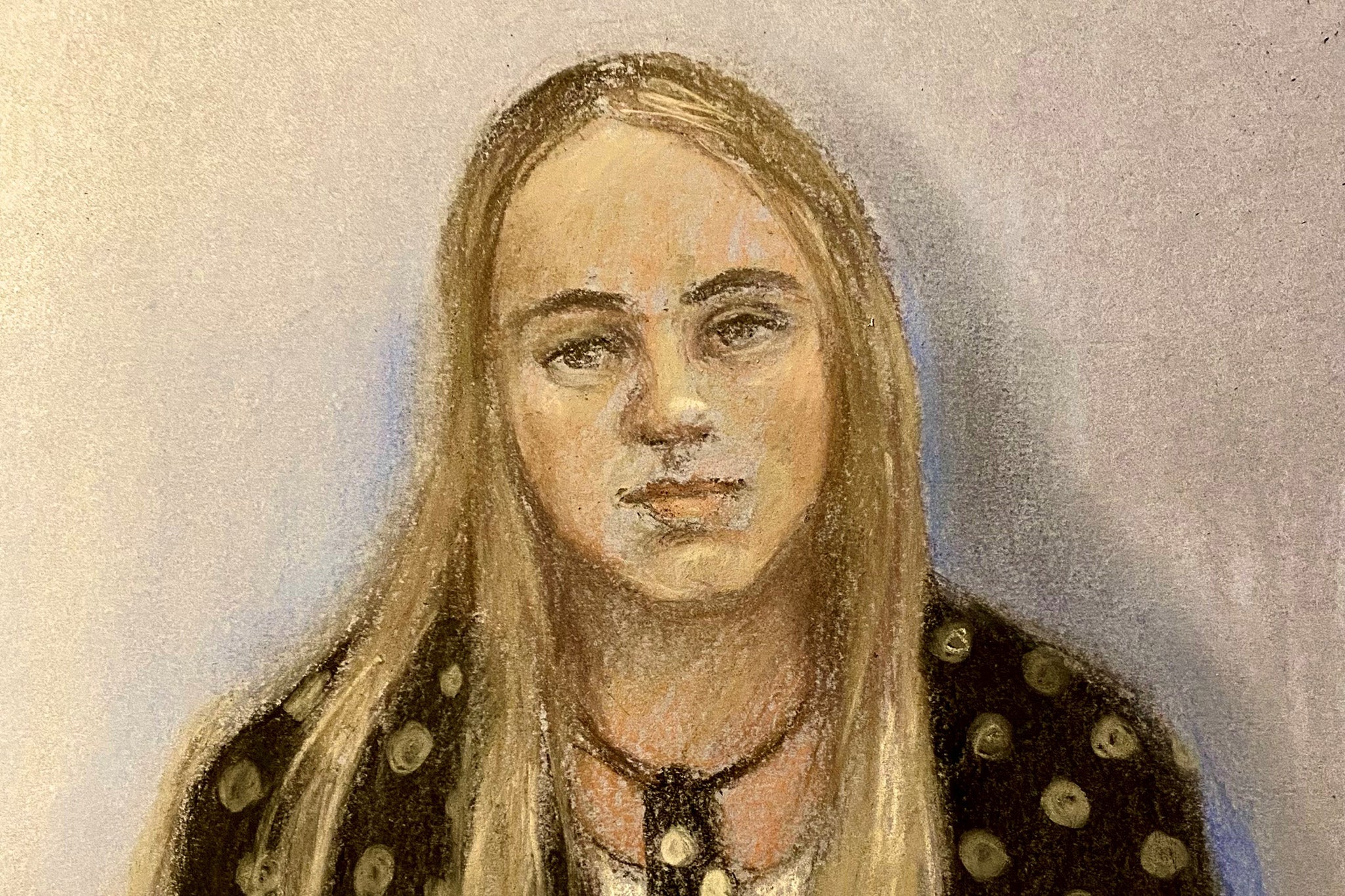 A court sketch of Amelie McCann giving evidence