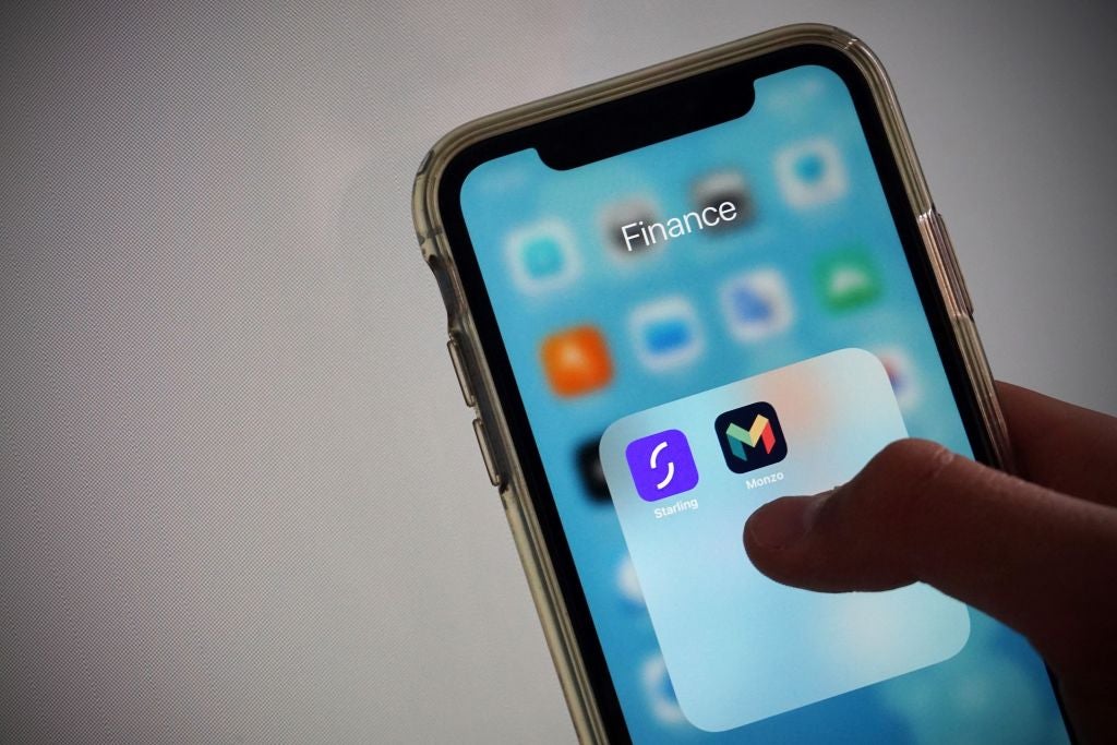 <p>The icons for the Monzo and Starling Bank banking apps on a smartphone in Hartley Wintney, west of London on 19 August, 2020</p>