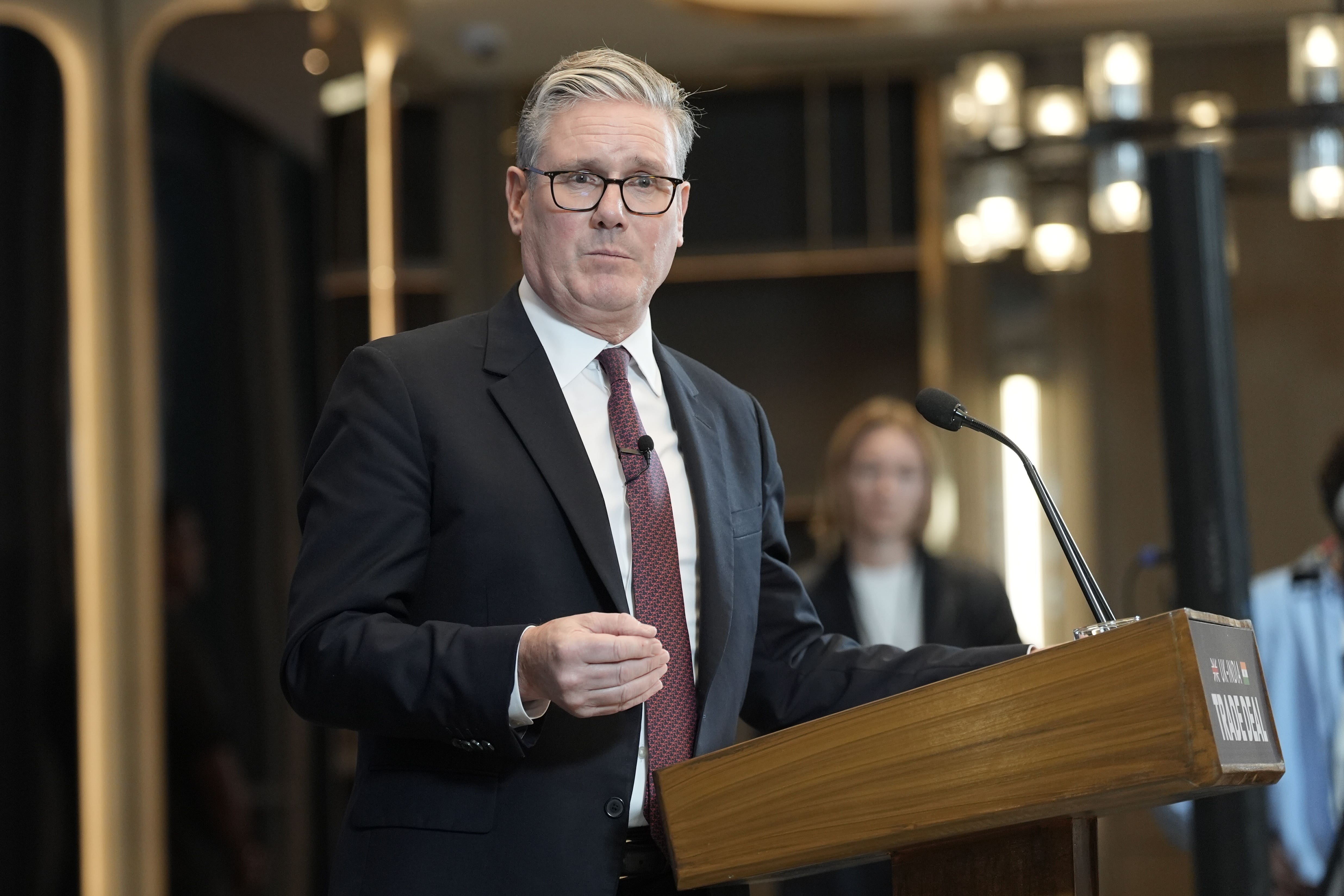 Prime Minister Sir Keir Starmer speaks to the media during a press conference in Mumbai (Stefan Rousseau/PA)