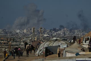 Smoke rises following an Israeli military strike in Gaza City as seen from the central Gaza Strip, Wednesday, 8 October 2025