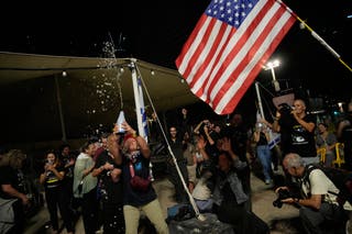 Relatives and supporters of Israeli hostages held by Hamas in the Gaza Strip celebrate after the announcement that Israel and Hamas have agreed to the first phase of a peace plan
