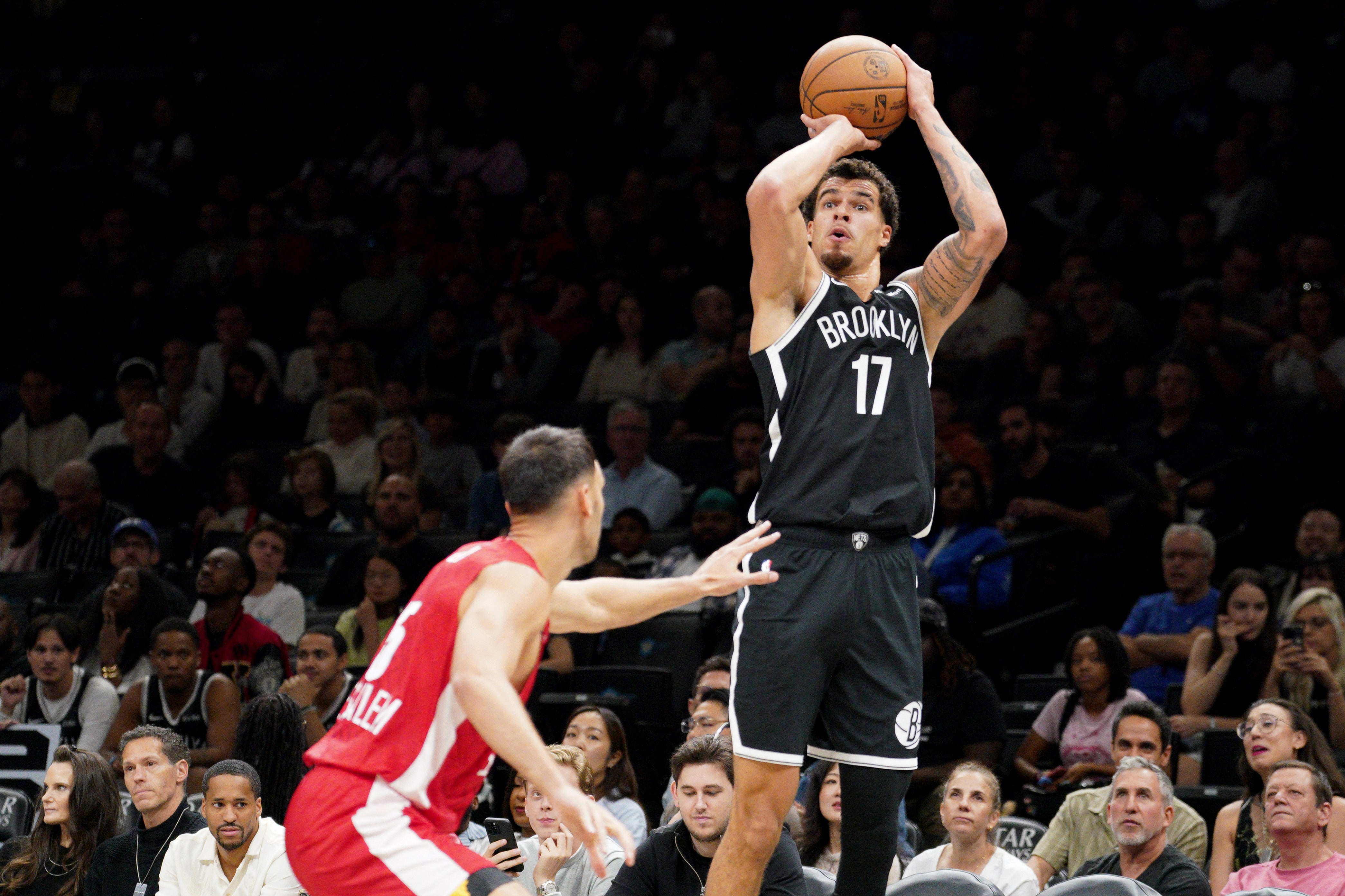 Michael Porter Jr. #17 of the Brooklyn Nets shoots during the first half of the preseason match between the Brooklyn Nets and Hapoel Jerusalem BC