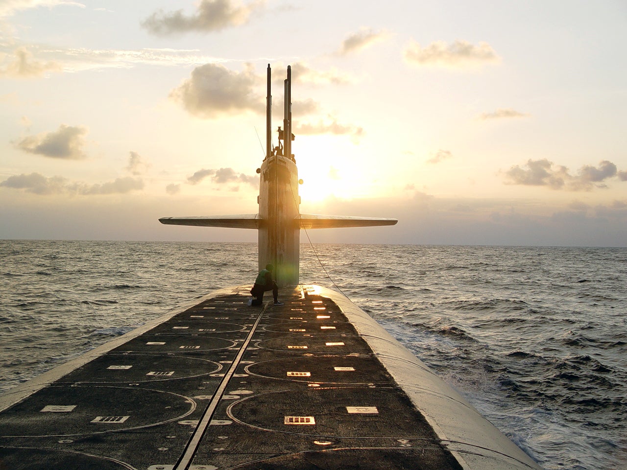 The Ohio-class ballistic-missile submarine USS Wyoming approaches Naval Submarine Base Kings Bay, Georgia