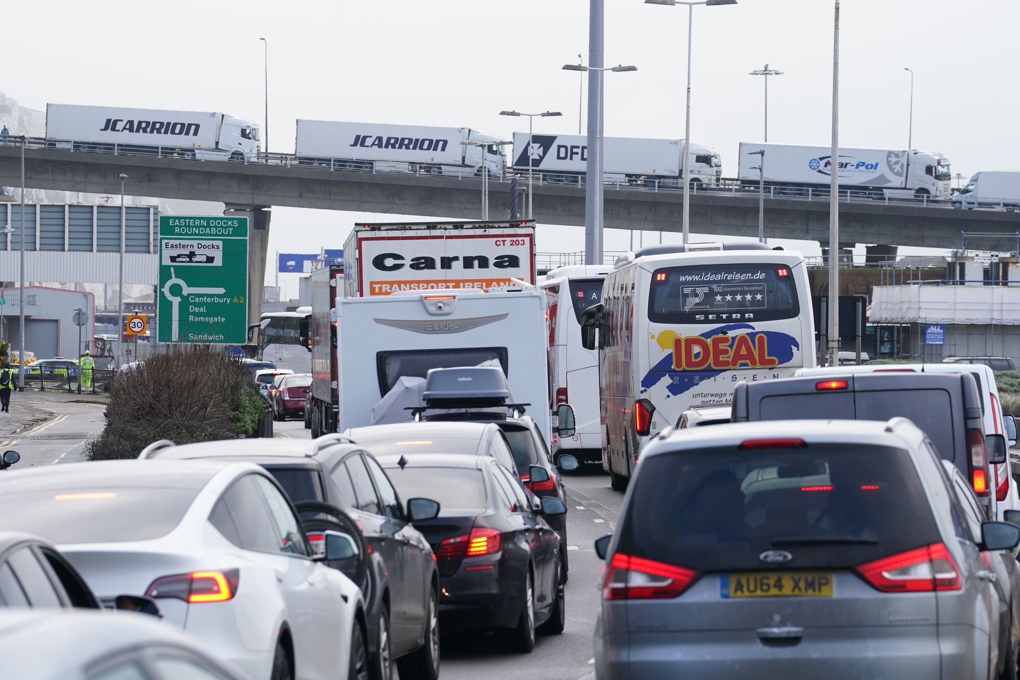 Traffic queues on the A20 near the Port of Dover in Kent earlier this year