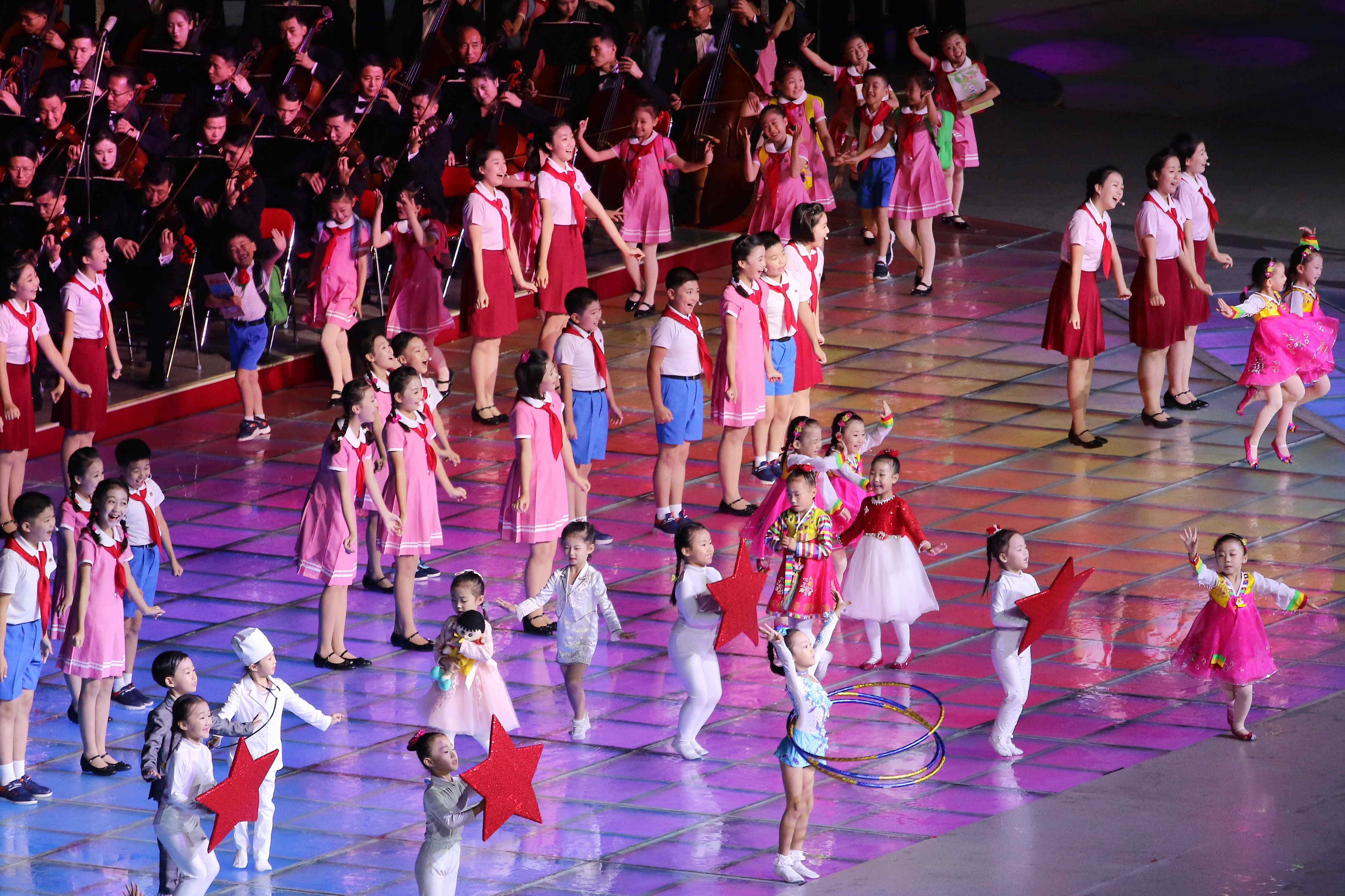Children perform during the ceremony marking the 80th anniversary of the founding of the ruling Workers' Party at the May Day Stadium in Pyongyang, North Korea, Thursday, 9 Oct 2025