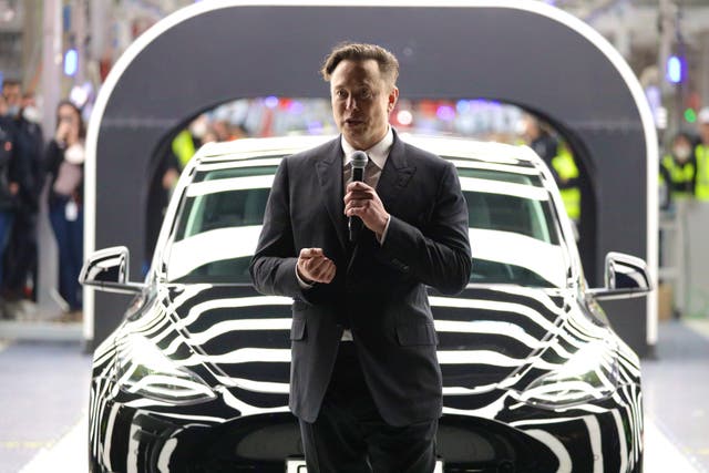 <p>Tesla CEO Elon Musk speaks during the official opening of the new Tesla electric car manufacturing plant on March 22, 2022 near Gruenheide, Germany</p>