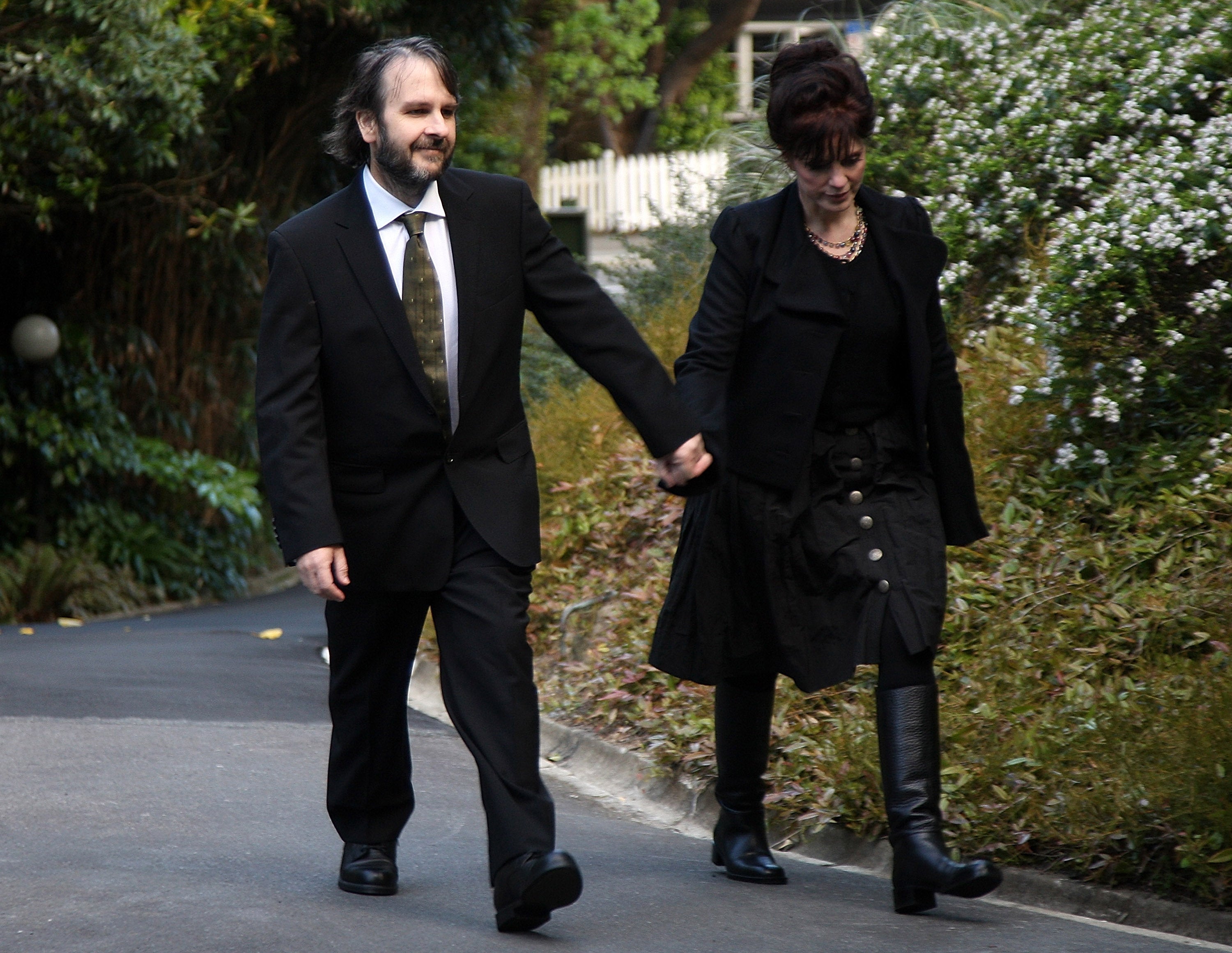 Peter Jackson with his wife Fran Walsh arrive at Premier House to meet with Prince Edward in Wellington, New Zealand, in 2009