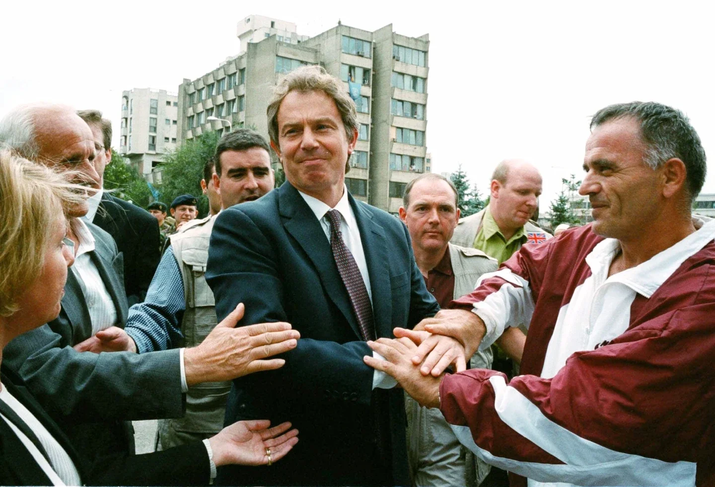 <p>Tony Blair greets ethnic Albanians in central Pristina, Kosovo</p>