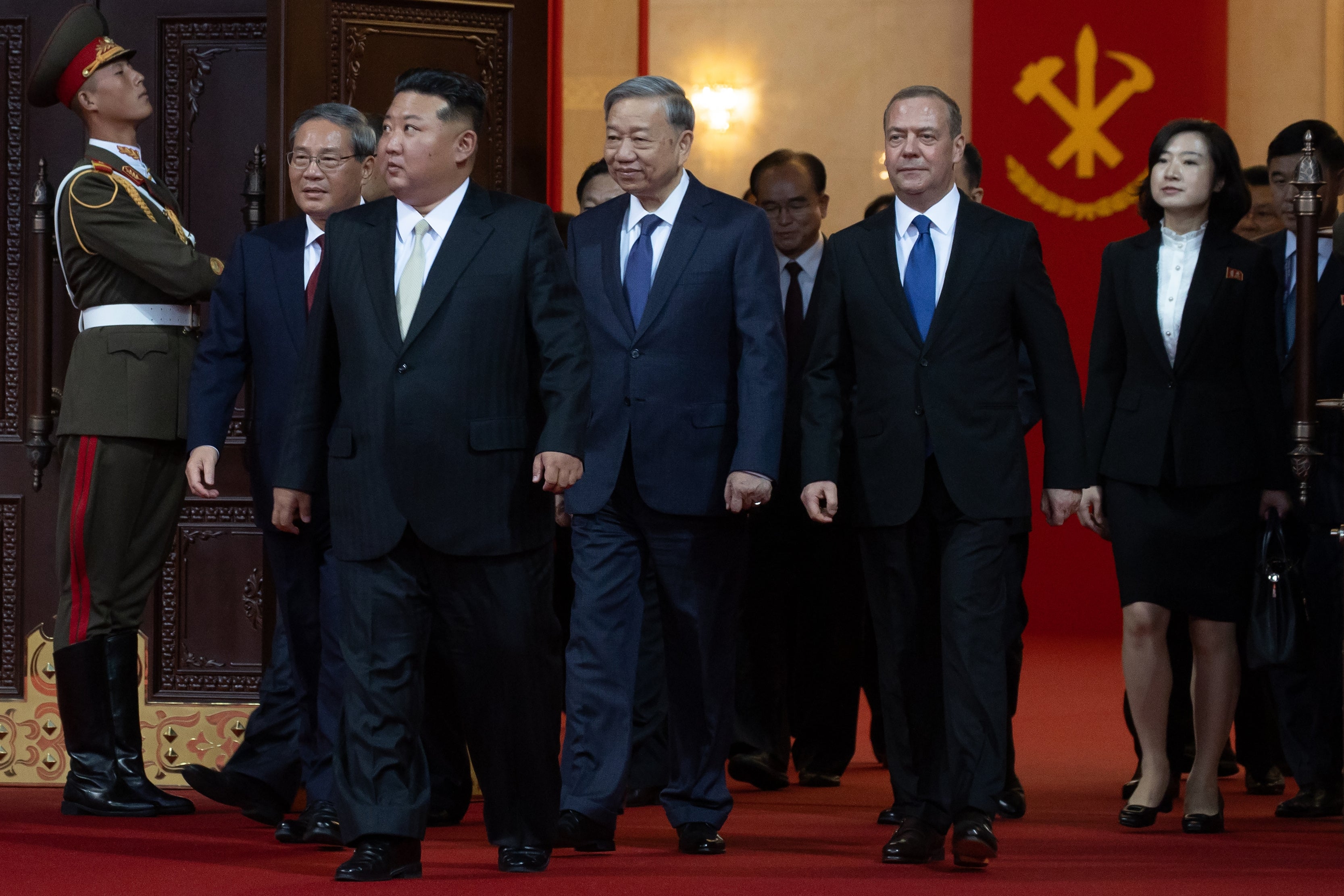From left, Vietnamese Communist Party General Secretary To Lam, North Korean leader Kim Jong Un, Chinese Premier Li Qiang and Russian Security Council Deputy Chairman and the head of the United Russia party Dmitry Medvedev attend a reception marking the 80th anniversary of the ruling Workers' Party in Pyongyang, North Korea, Friday, 10 Oct 2025