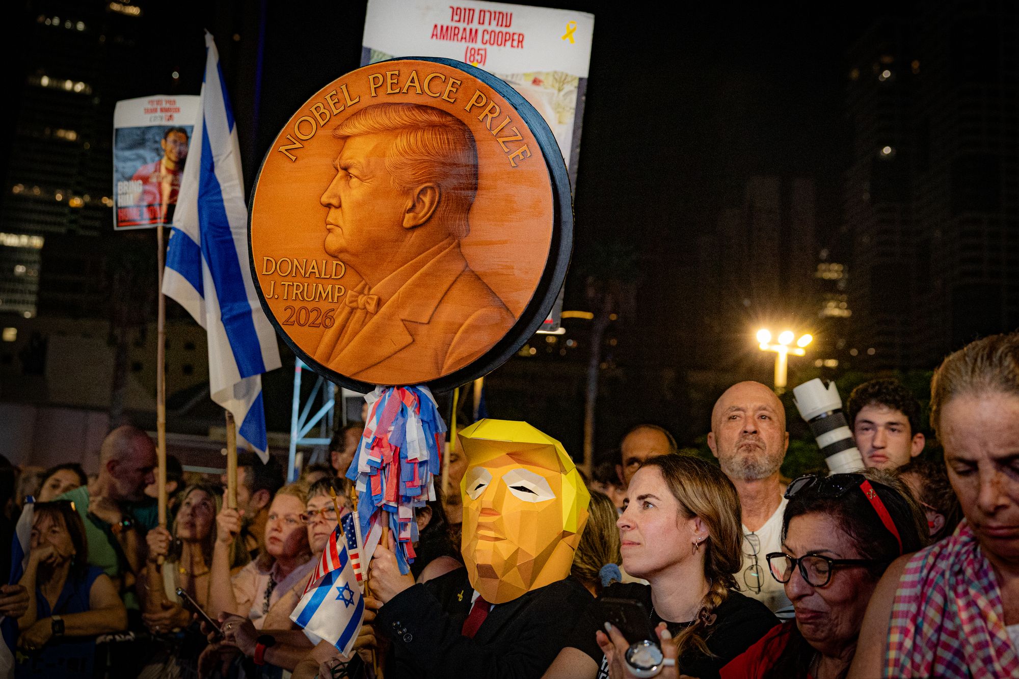 Protesters in Tel Aviv welcoming a Trump-proposed peace deal, called for him to be given a Nobel Peace Prize next year