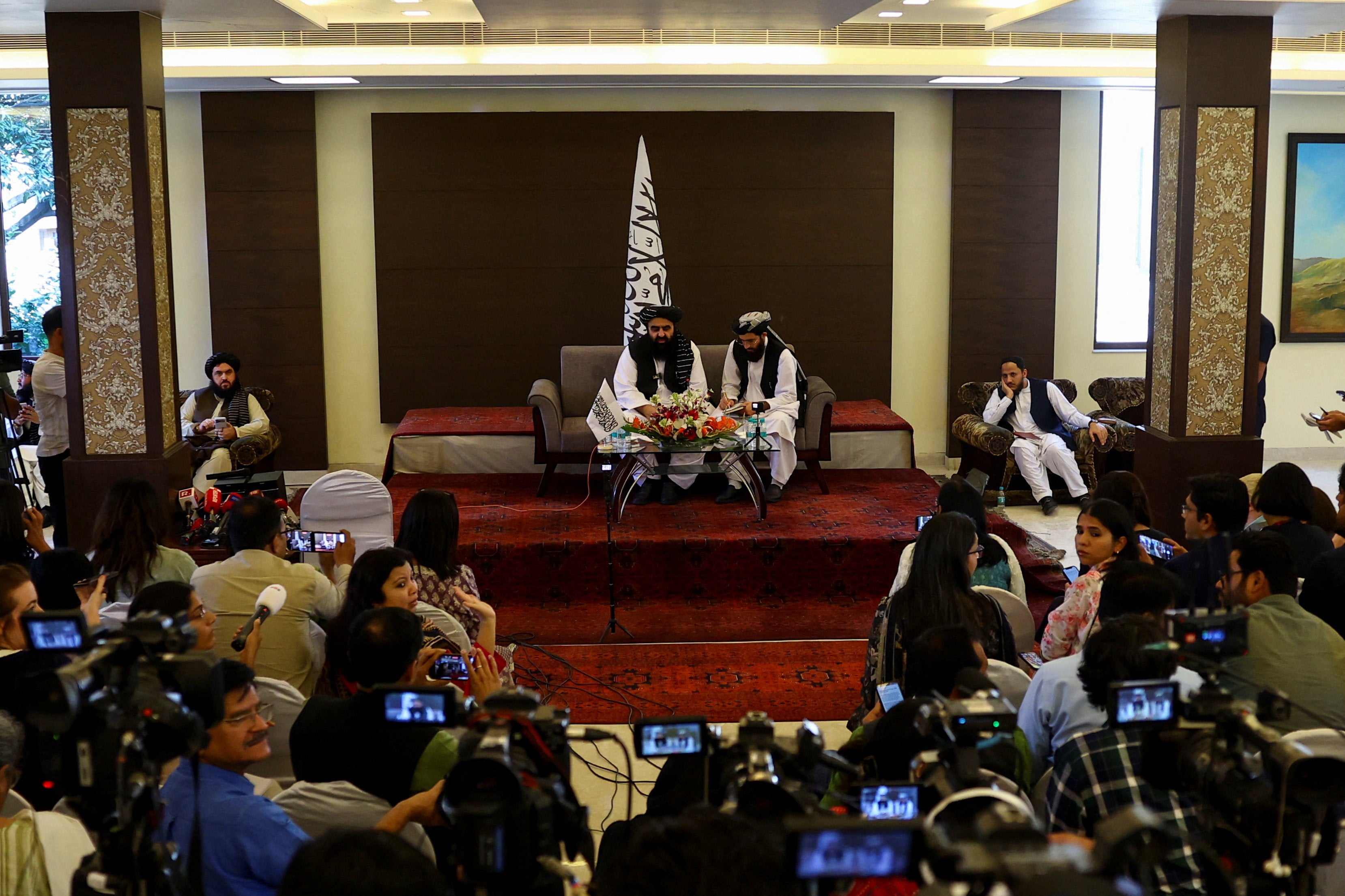 Afghanistan's Taliban Foreign Minister Amir Khan Muttaqi attends a press conference in New Delhi