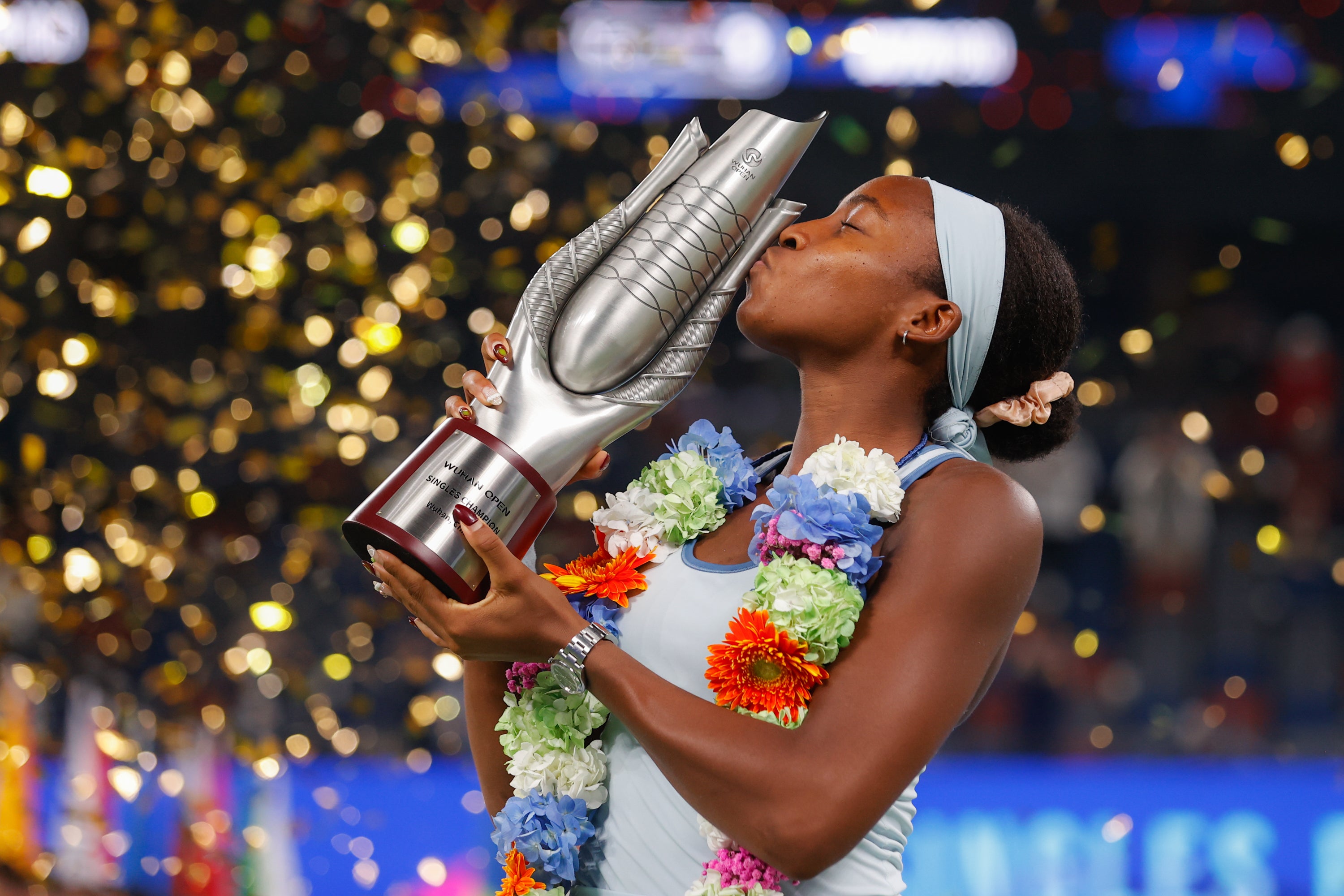 <p>Coco Gauff with her Wuhan Open title</p>