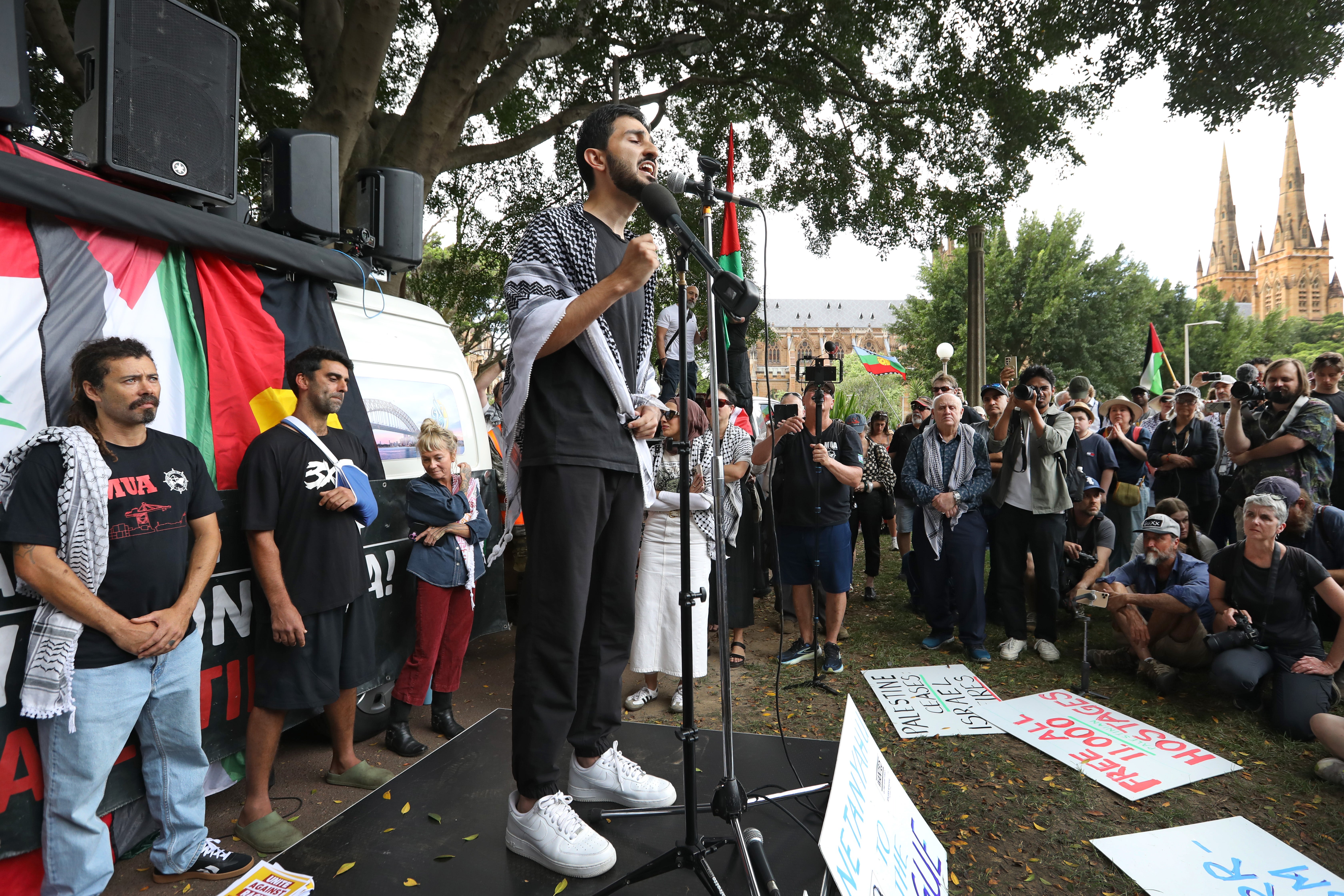 Sumud Flotilla activist AbuBakir Rafiq speaks during a rally for Gaza at Hyde Park