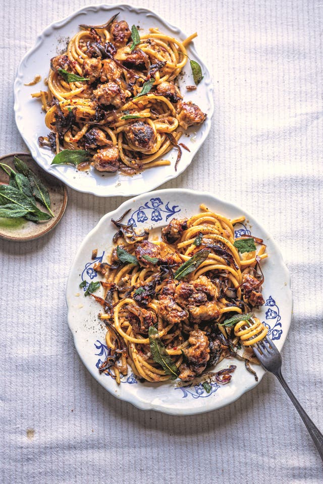 <p>Sweet balsamic onions and golden sausage make this quick pasta dish a weeknight winner</p>