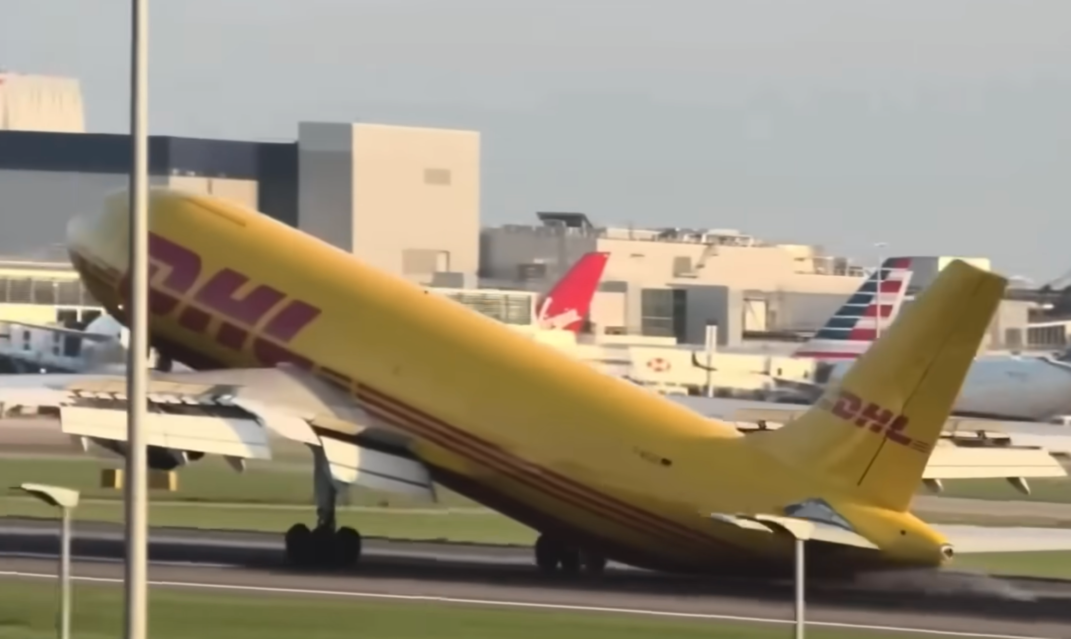 Tail down: Moment the tail of the DHL Airbus A300 struck the northern runway at London Heathrow airport