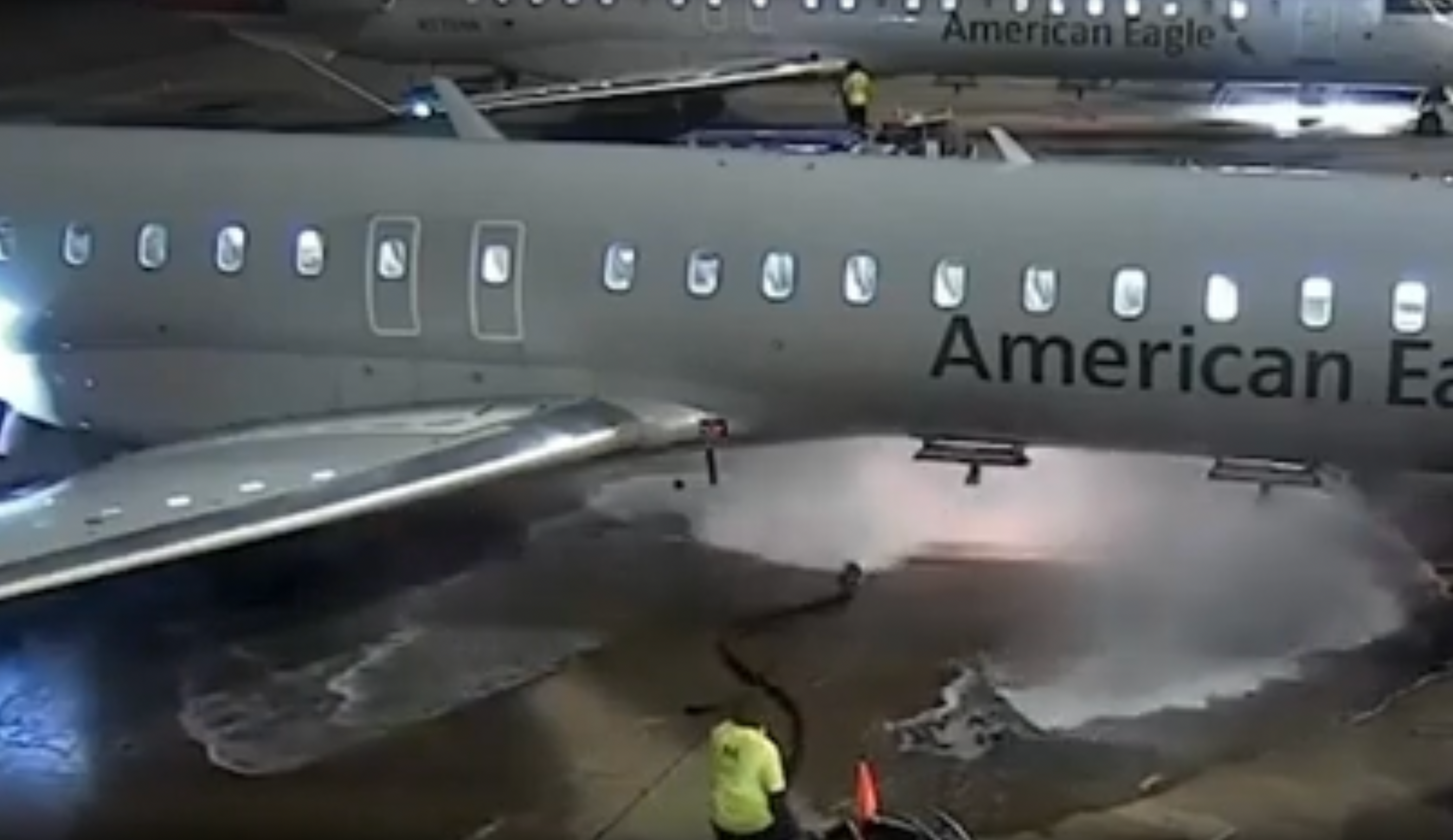 Video shared on social media shows the hose whipping violently beneath the plane as it spurts out gallons of fuel