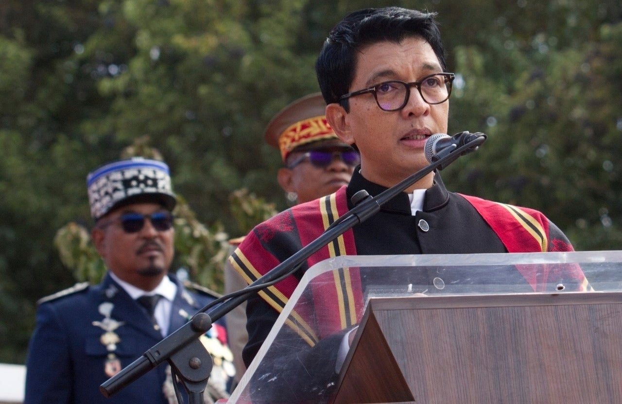President Andry Rajoelina addresses a state ceremony, Sept. 2, 2025, in Antananarivo, Madagascar. (AP Photo/Alexander Joe, file)