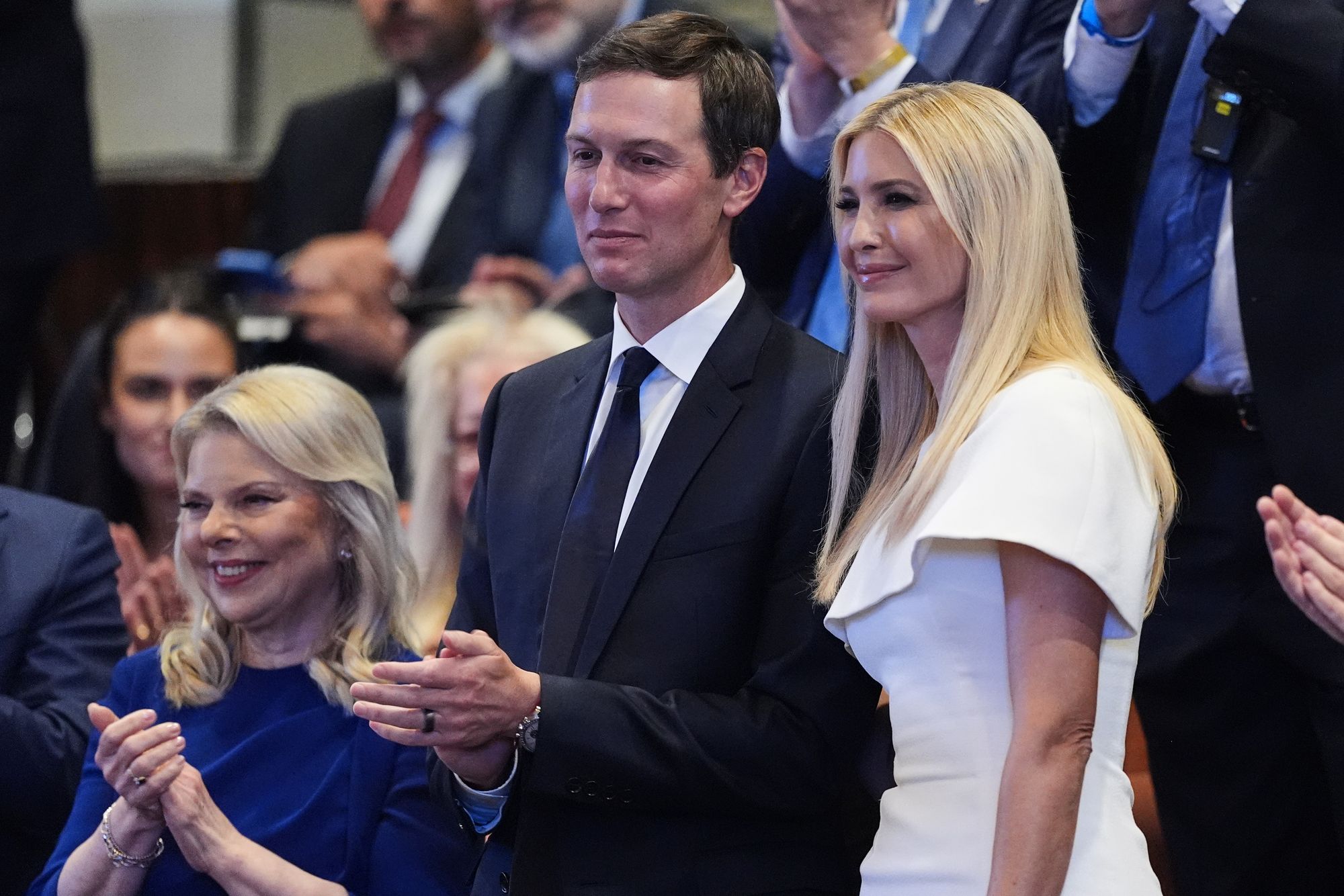 Jared Kushner and Ivanka Trump are recognized by President Donald Trump as he speaks in the Knesset, Israel's parliament, on October 13, 2025
