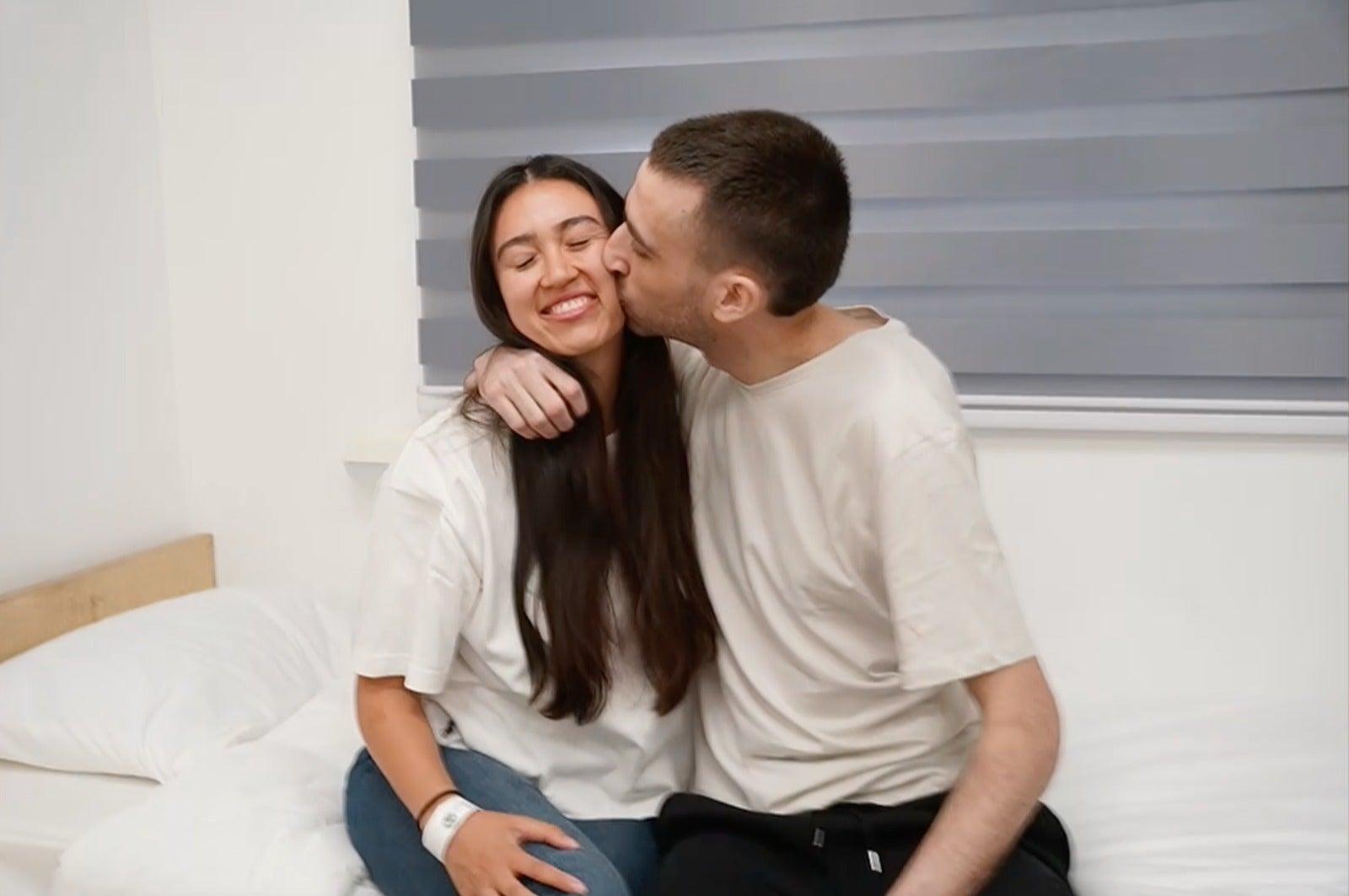 Noa Argamani, 28, and Avinatan Or, 32, shared a tender embrace today after he was released from 738 days in Hamas captivity in the Gaza Strip