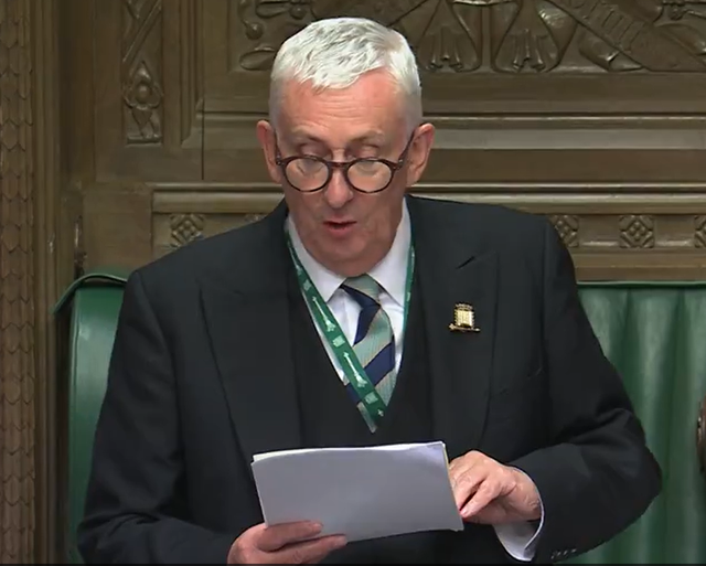 <p>Commons speaker Lindsay Hoyle reads a statement on the China spy trial</p>