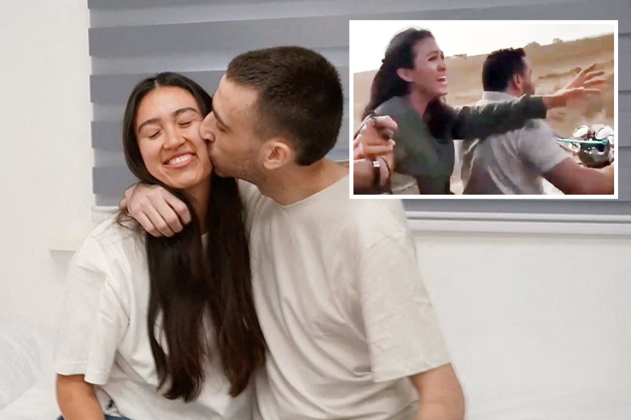 <p>Noa Argamani, 28, and Avinatan Or, 32, shared a tender embrace today after he was released from 738 days in Hamas captivity in the Gaza Strip</p>